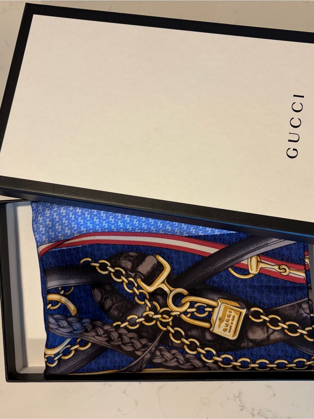 Gucci Navy and Gold Chain-Print Men's Silk Scarf